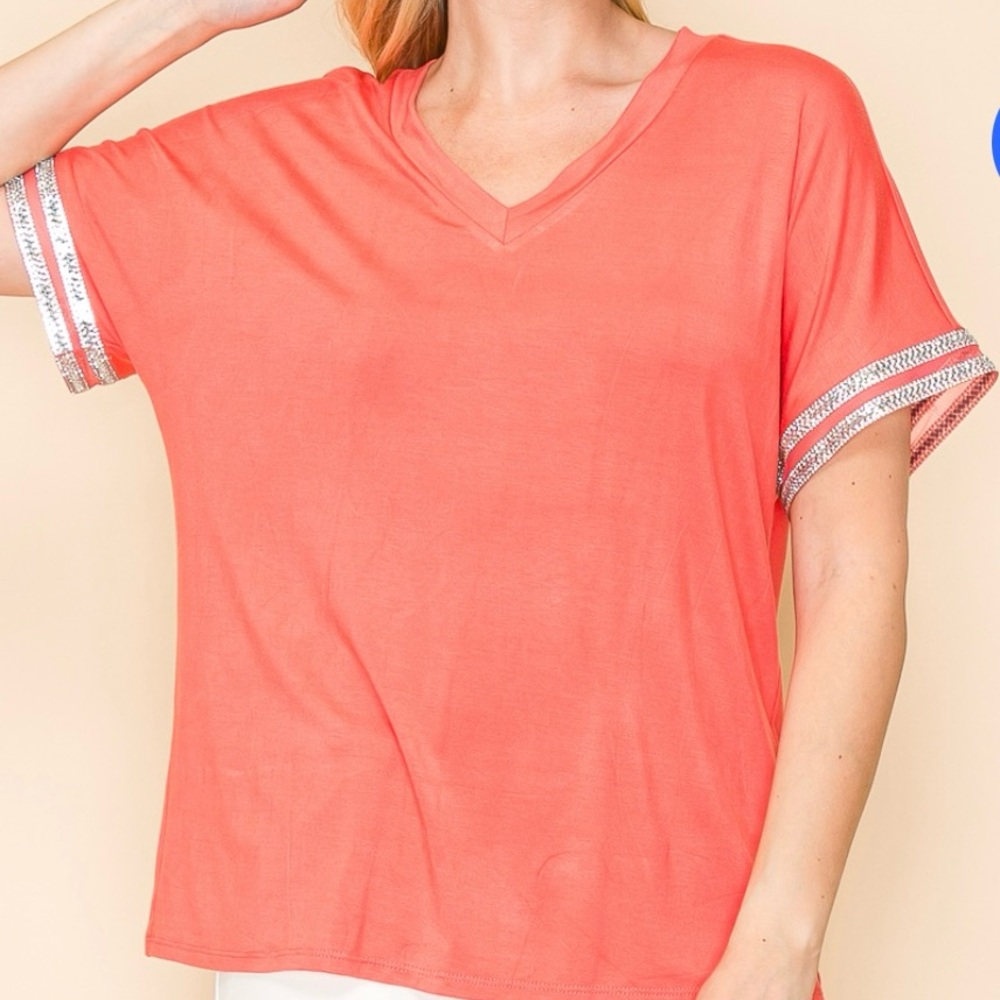 Coral Rhinestone Edged Sleeve Top